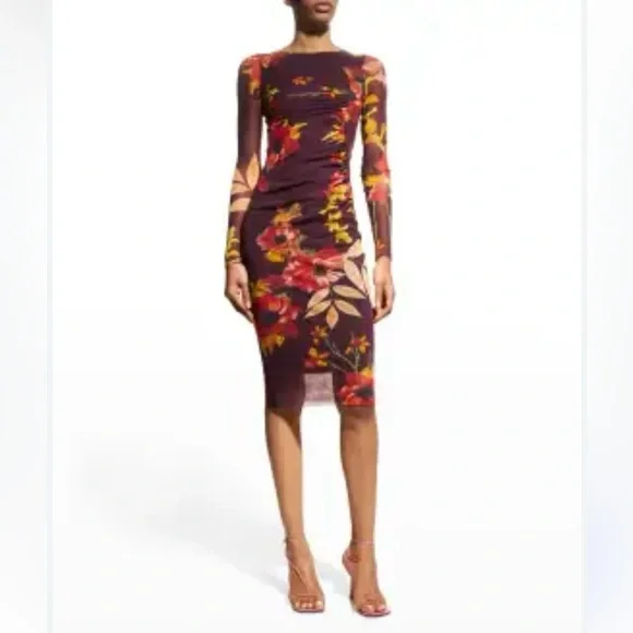 FUZZI Dark burgundy floral stretch midi dress size S/M.‎
